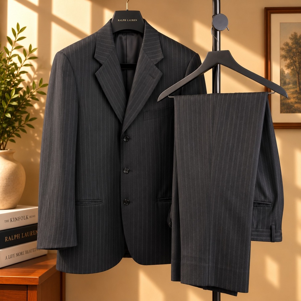 Canali Suit Mens 40R Black Tonal Stripe Wool Silk 3 Button Harry Rosen Italy